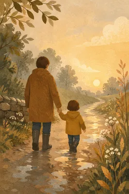 Parent and Child Walking in Morning Light
