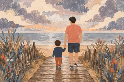 Parent and Child Walking Toward Quiet Beach
