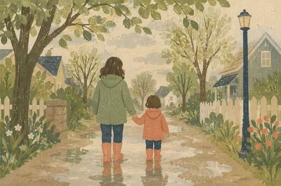 Parent and Child Walking After Spring Rain