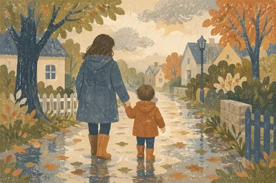Parent and Child Walking After Rain