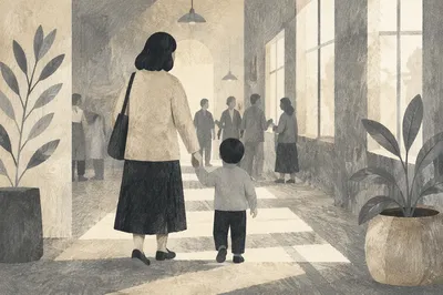 Parent and Child Walking in Sunlit Corridor