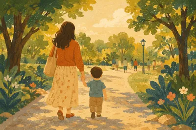 Parent and Child Walking in Sunlit Park