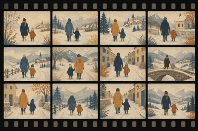 Parent and Child Walking Through Snow