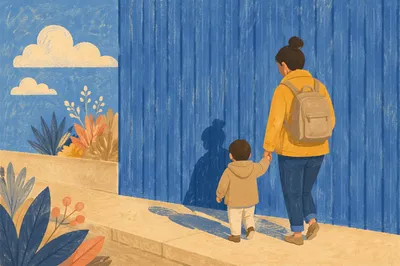 Parent and Child Walking Beside Blue Wall