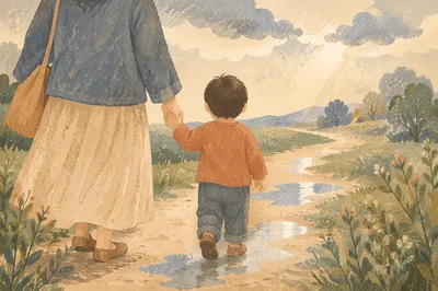 Parent and Child Walking After Rain