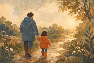 Parent and Child Walking in Morning Light