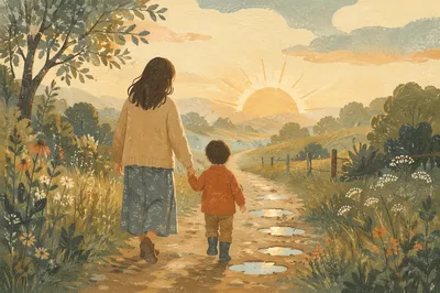 Parent and Child Walking in Morning Light