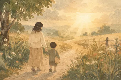 Parent and Child on Misty Countryside Path
