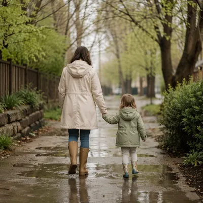 Parent and Child Walking After Rain