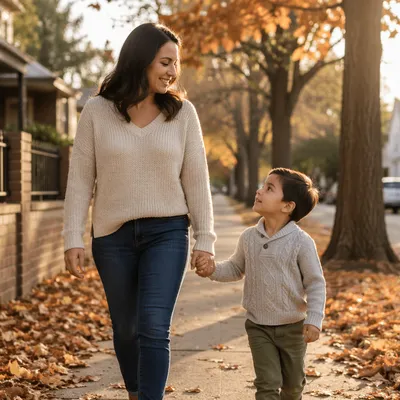 Mother and Son Walking Hand in Hand
