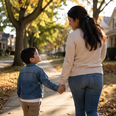 Mother and Son Walking Hand in Hand