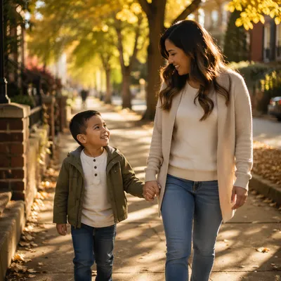 Mother and Son Walking Hand in Hand