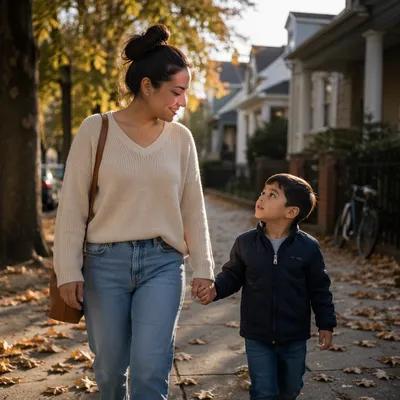 Mother and Son Walking Hand in Hand