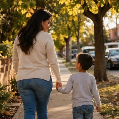 Mother and Son Walking Hand in Hand