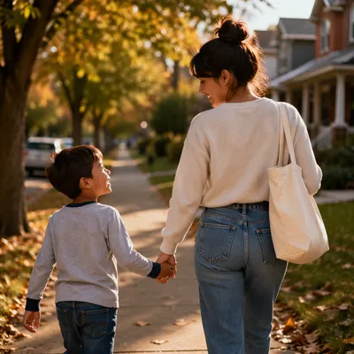 Mother and Son Walking Hand in Hand