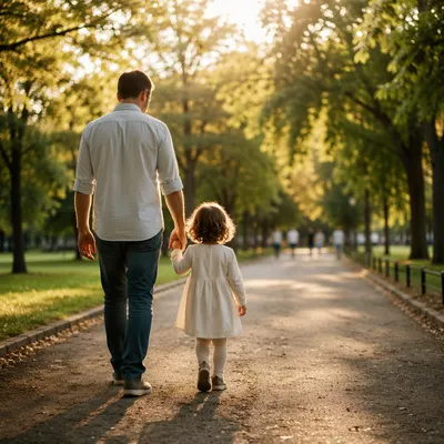 Parent and Child Walking Through Sunny Park