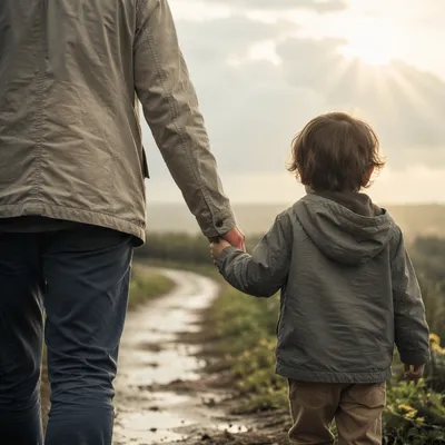 Parent and Child Walking After Rain