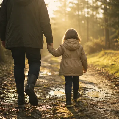 Parent and Child Walking in Morning Light