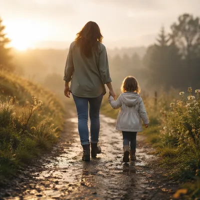Parent and Child on Morning Path