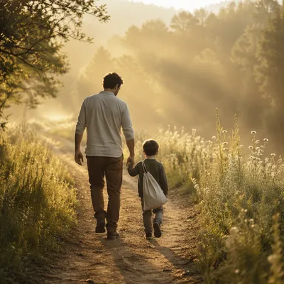 Parent and Child Walking in Morning Mist