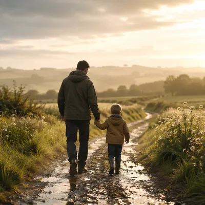 Parent and Child Walking in Morning Light