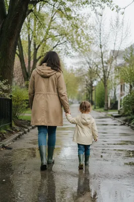 Parent and Child Walking After Spring Rain