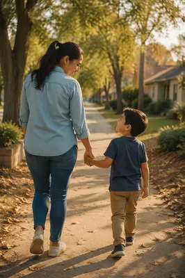 Mother and Son Walking Hand in Hand