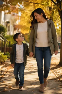 Mother and Son Walking Hand in Hand