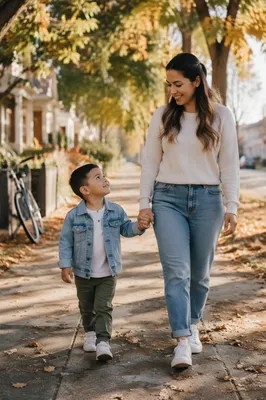 Mother and Son Walking Hand in Hand