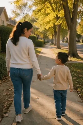 Mother and Son Walking Hand in Hand