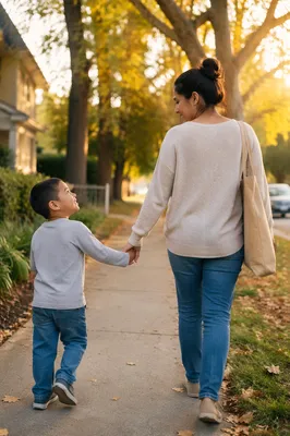 Mother and Son Walking Hand in Hand