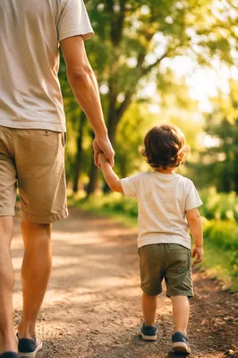 Parent and Child Walking in Sunlit Park