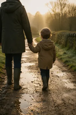 Parent and Child Walking in Morning Mist