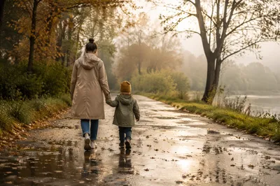 Parent and Child Walking in Morning Mist