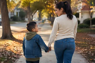 Mother and Son Walking Hand in Hand