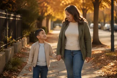 Mother and Son Walking Hand in Hand