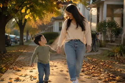 Mother and Son Walking Hand in Hand
