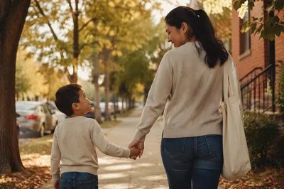 Mother and Son Walking Hand in Hand