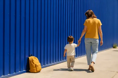 Parent and Child Walking by Blue Wall