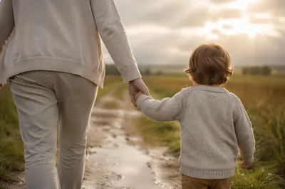 Parent and Child Walking After Rain