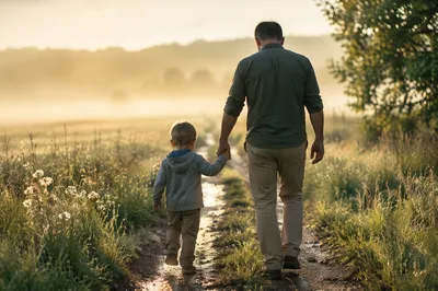 Parent and Child Walking at Sunrise