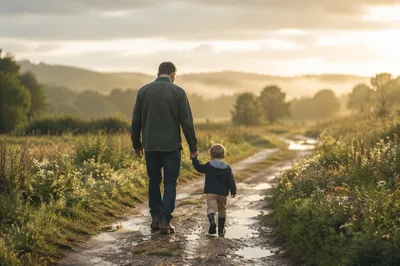 Parent and Child Walking in Morning Light