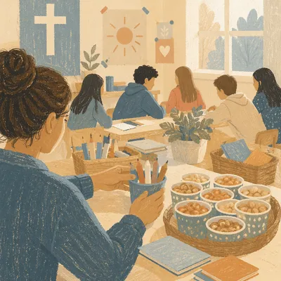Parent Preparing Craft Table for Teen Group