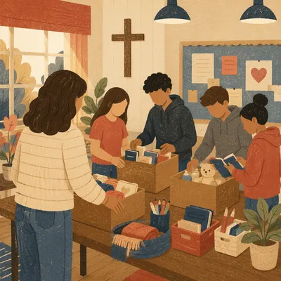Volunteers Organizing Supplies in Community Room