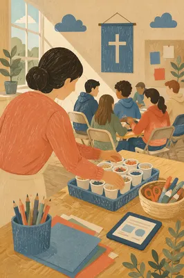 Parent Preparing Supplies in Church Room