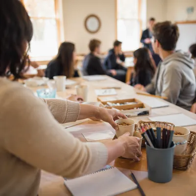 Adult Hands Preparing Supplies in Community Room