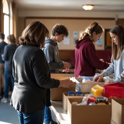 Volunteers Organizing Supplies in Community Room