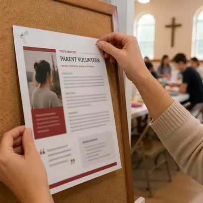 Hands Pinning Community Bulletin to Corkboard