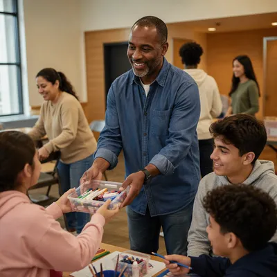 Parents Volunteering with Teens in Church Hall