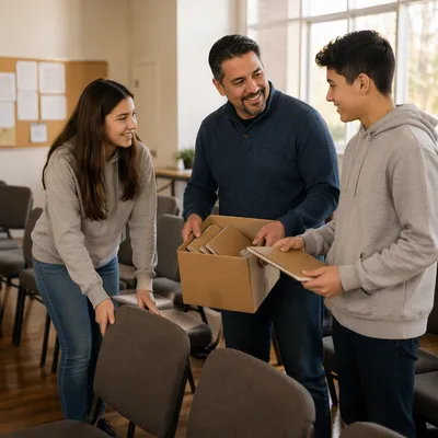 Parent Helping Teenagers in Community Hall